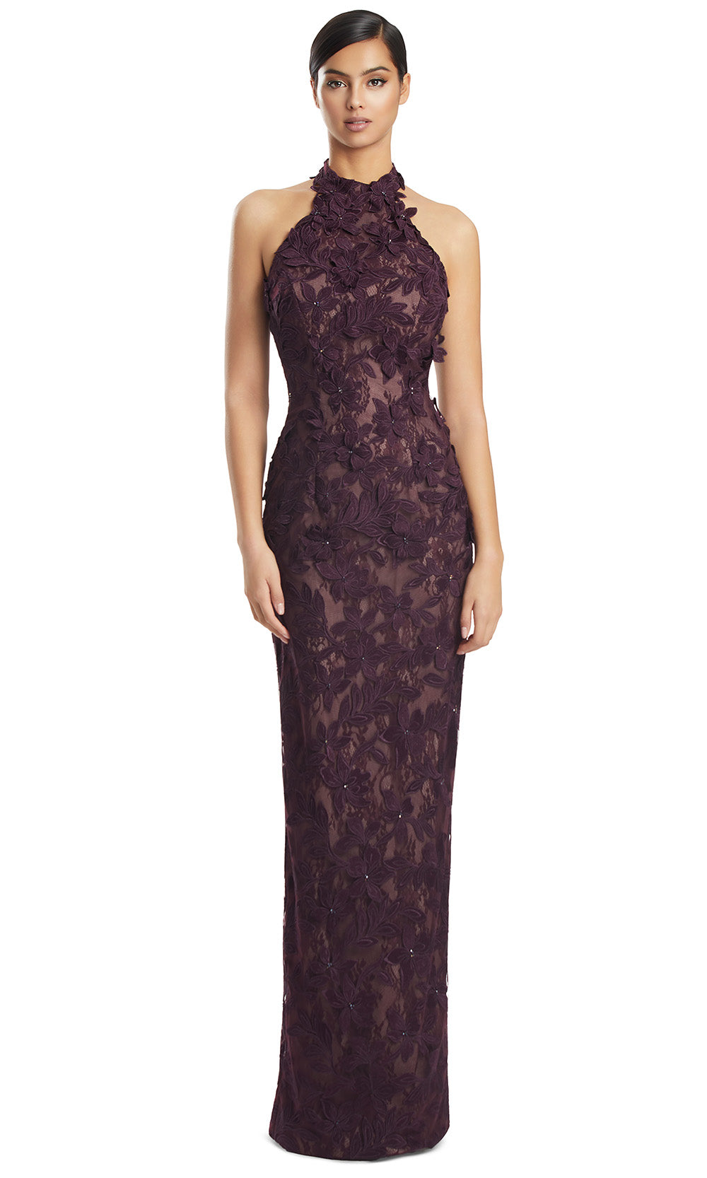 Halter Neck Long Lace Evening Gown by Alexander by Daymor 3277S26 in Aubergine