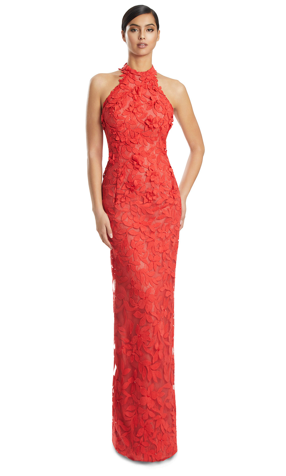 Halter Neck Long Lace Evening Gown by Alexander by Daymor 3277S26 in Coral