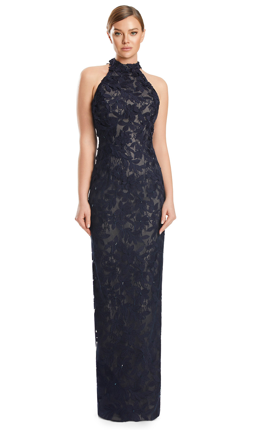 Halter Neck Long Lace Evening Gown by Alexander by Daymor 3277S26 in Dark Navy