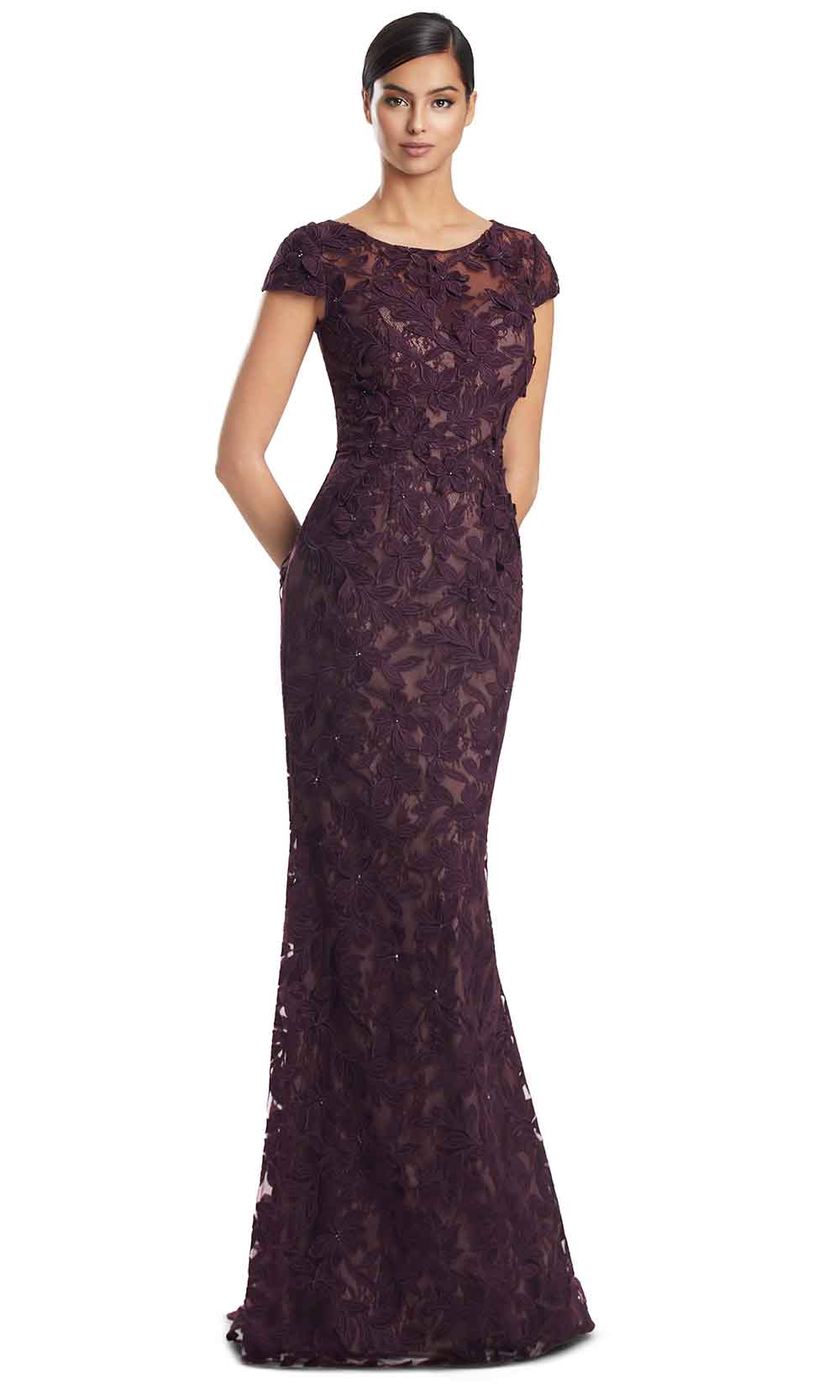 Bateau Floor-Length Embroidered Lace Gown by Alexander by Daymor 3279S26 in Aubergine
