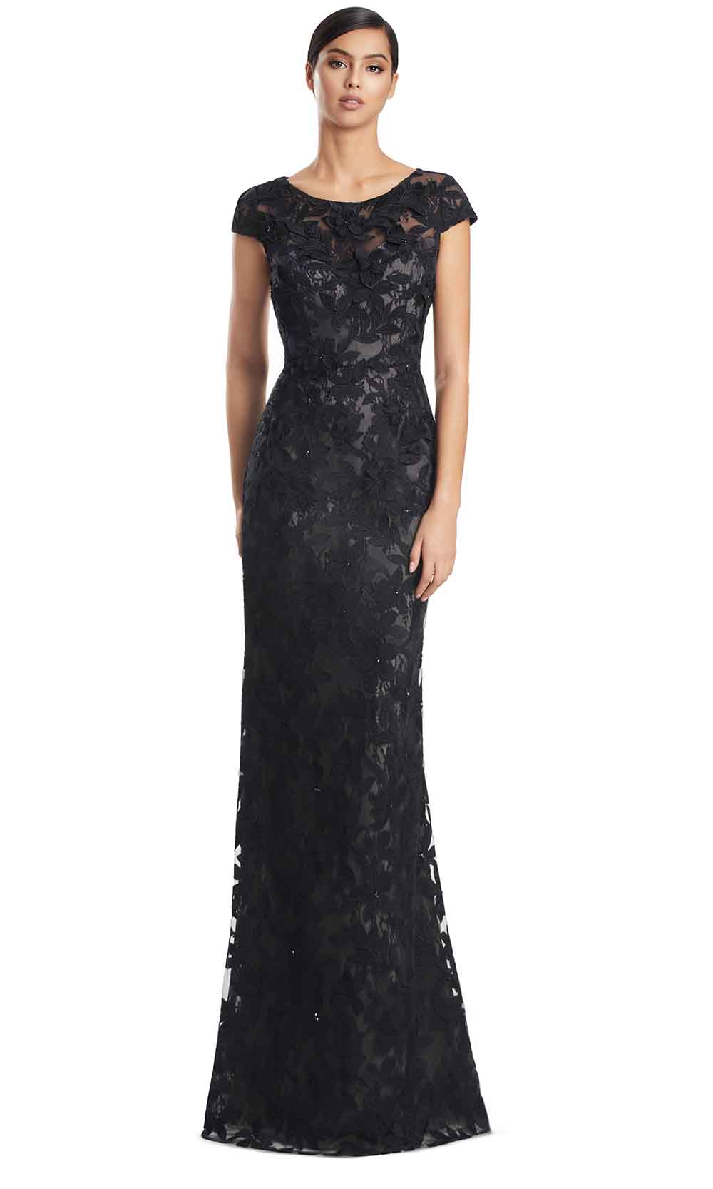 Bateau Floor-Length Embroidered Lace Gown by Alexander by Daymor 3279S26 in Black