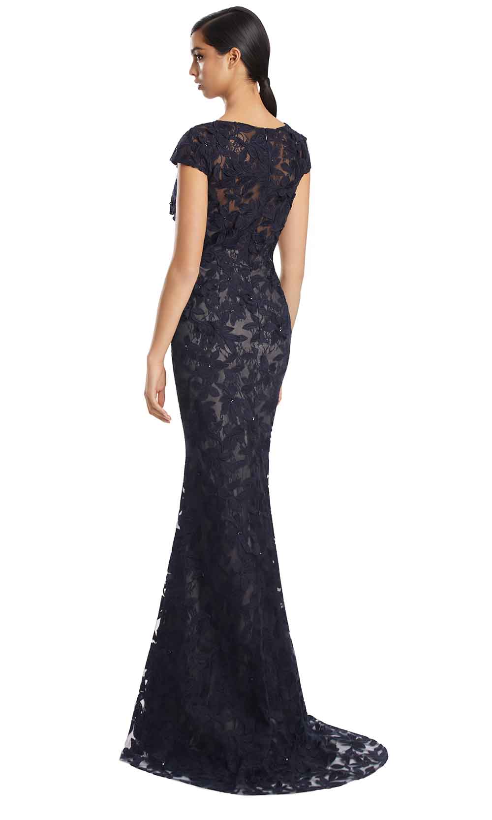 Bateau Floor-Length Embroidered Lace Gown by Alexander by Daymor 3279S26 in Dark Navy