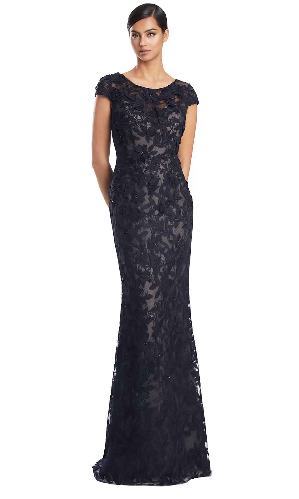 Bateau Floor-Length Embroidered Lace Gown by Alexander by Daymor 3279S26 in Dark Navy