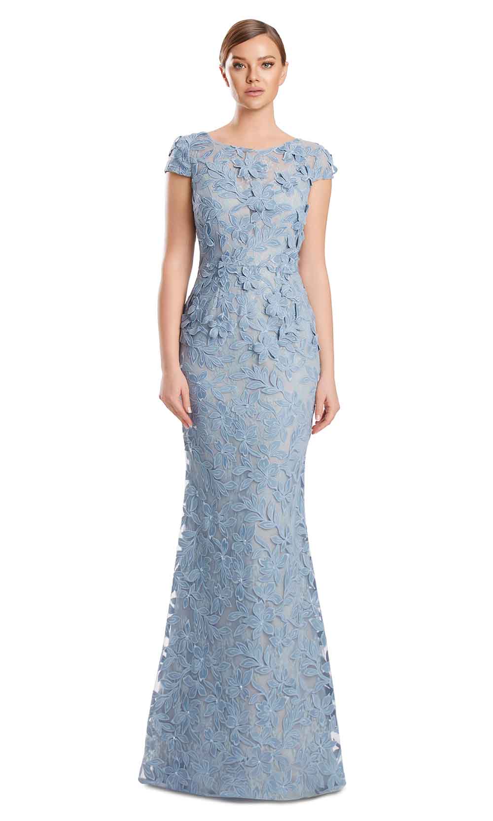 Bateau Floor-Length Embroidered Lace Gown by Alexander by Daymor 3279S26 in Glacier Blue
