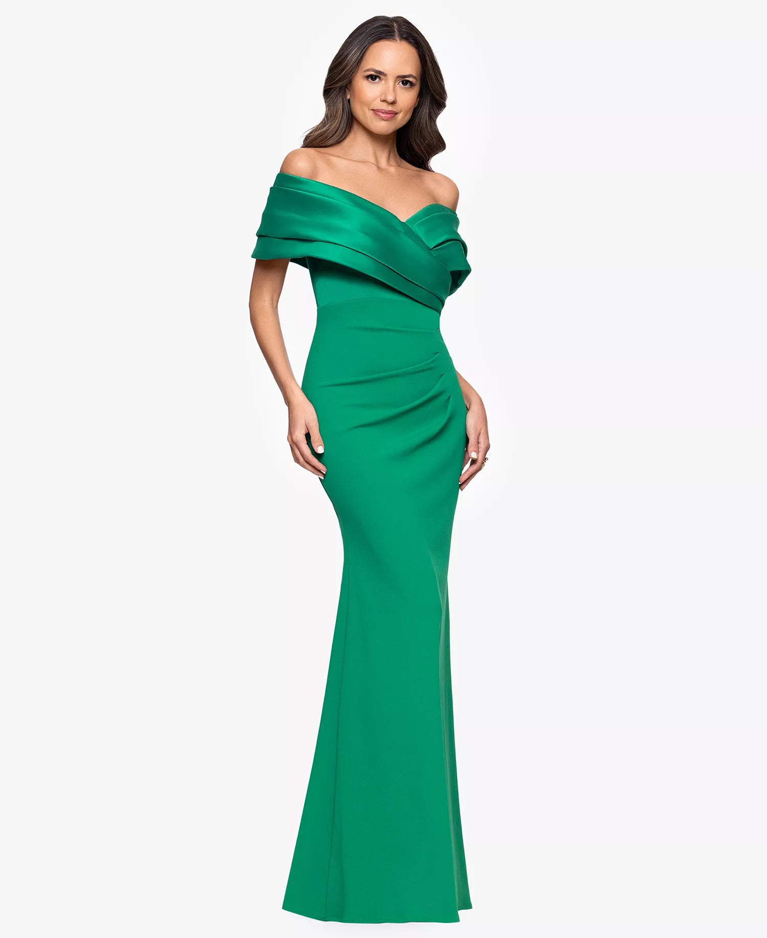 Off-the-Shoulder Floor-Length Satin Evening Gown Sheath/Column Betsy & Adam A25197P