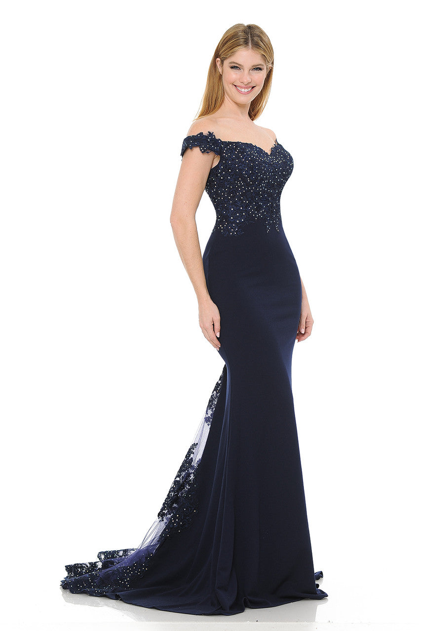 Prom Dresses Long Formal Beaded Mermaid Prom Dress Lenovia 8134 Navy Blue