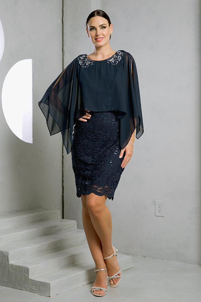 Eva Fashion Navy Short Mother of the Bride Cape Dress - Lace Sheath Style - Size M Eva Fashion Navy Short Mother of the Bride Cape Dress - Lace Sheath Style - Size M