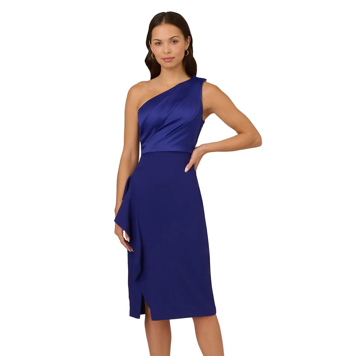 Dark Blue Violet Adrianna Papell AP1E211709 One-Shoulder Knee-Length Crepe Cocktail Dress Slit