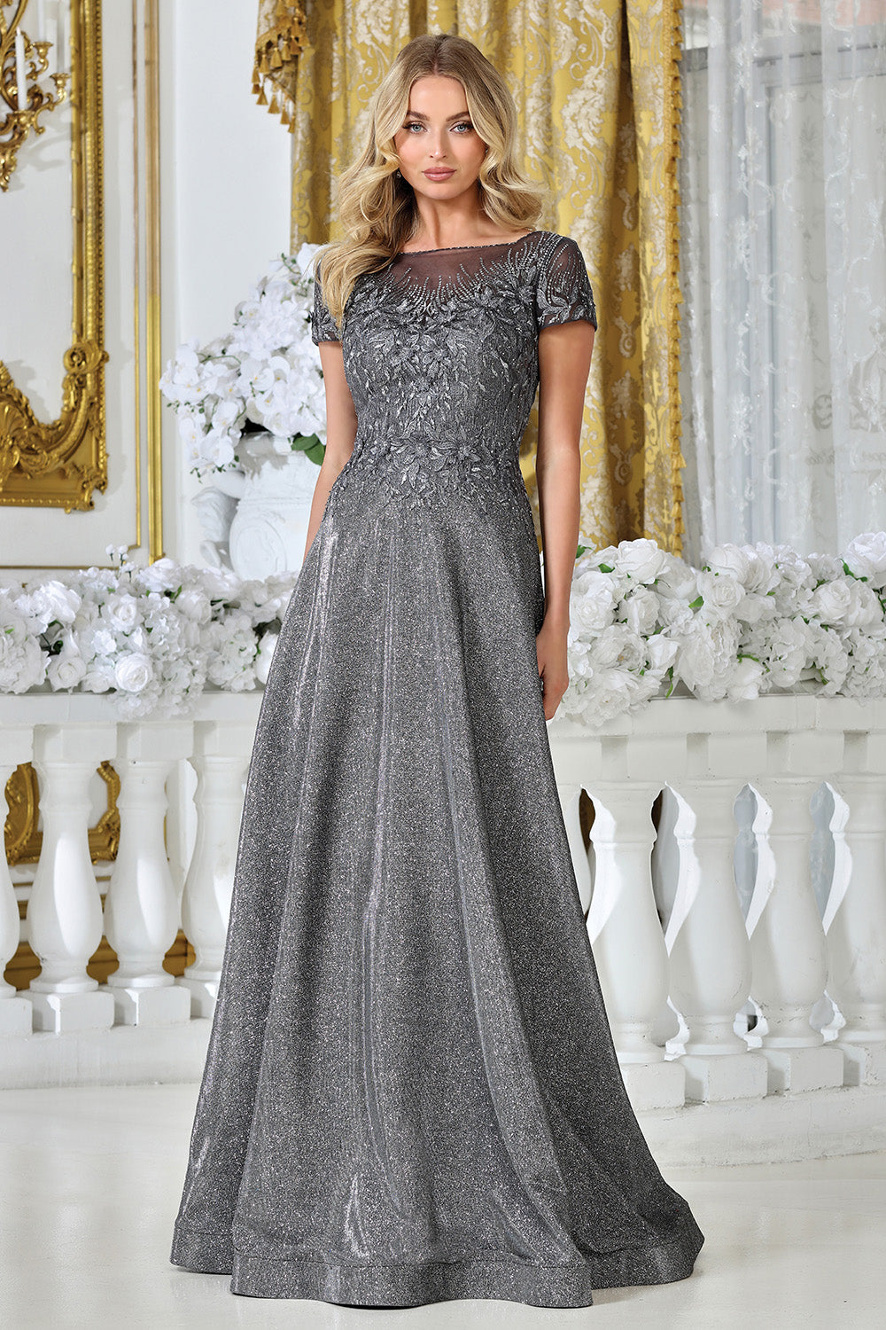 Plus Size Dresses A Line Long Formal Floral Plus Size Dress Dark Silver