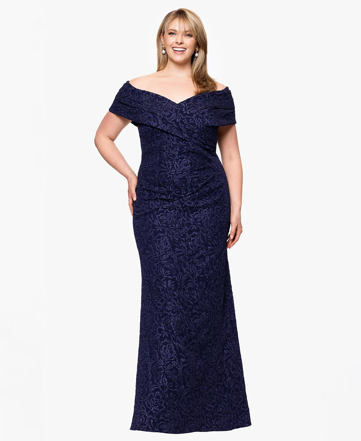 Navy Betsy & Adam A27206W V-Neck Floor-Length Chiffon Formal Tiered Dress