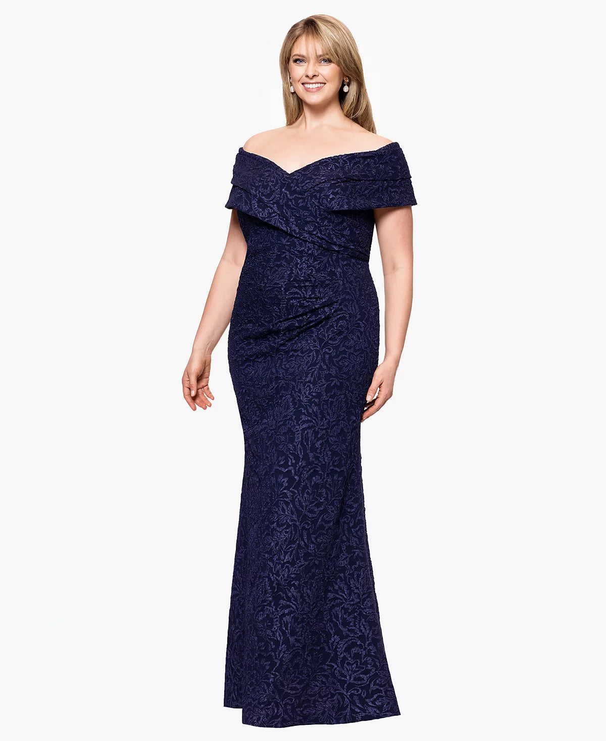 Navy Betsy & Adam A27206W V-Neck Floor-Length Chiffon Formal Tiered Dress