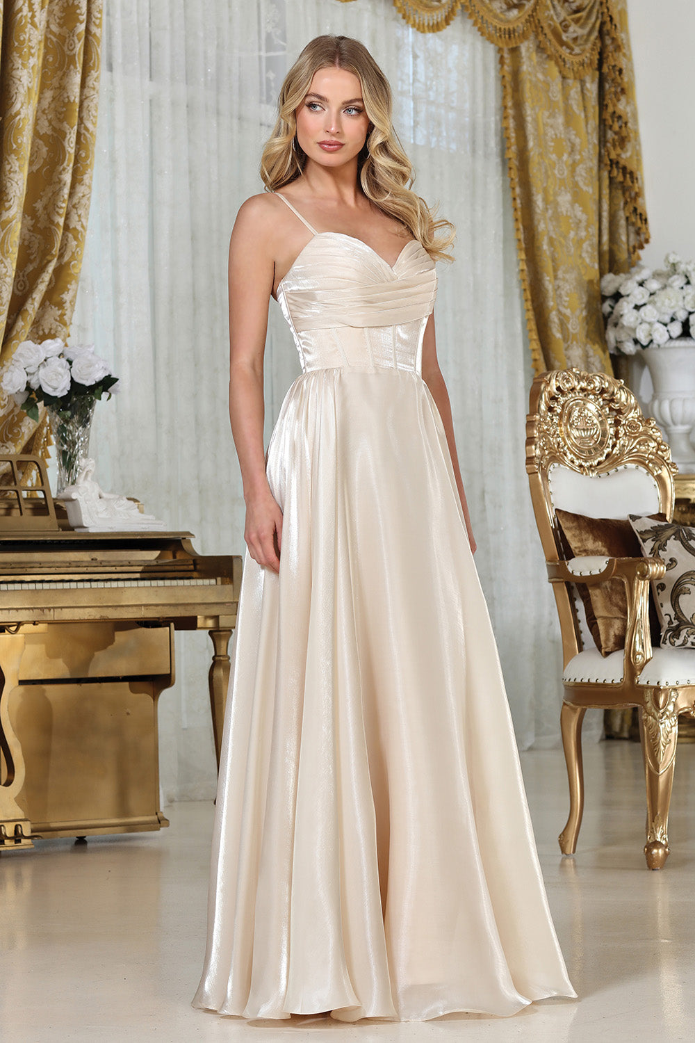 Prom Dresses Glitter Long Formal A Line Corset Prom Dress Champagne