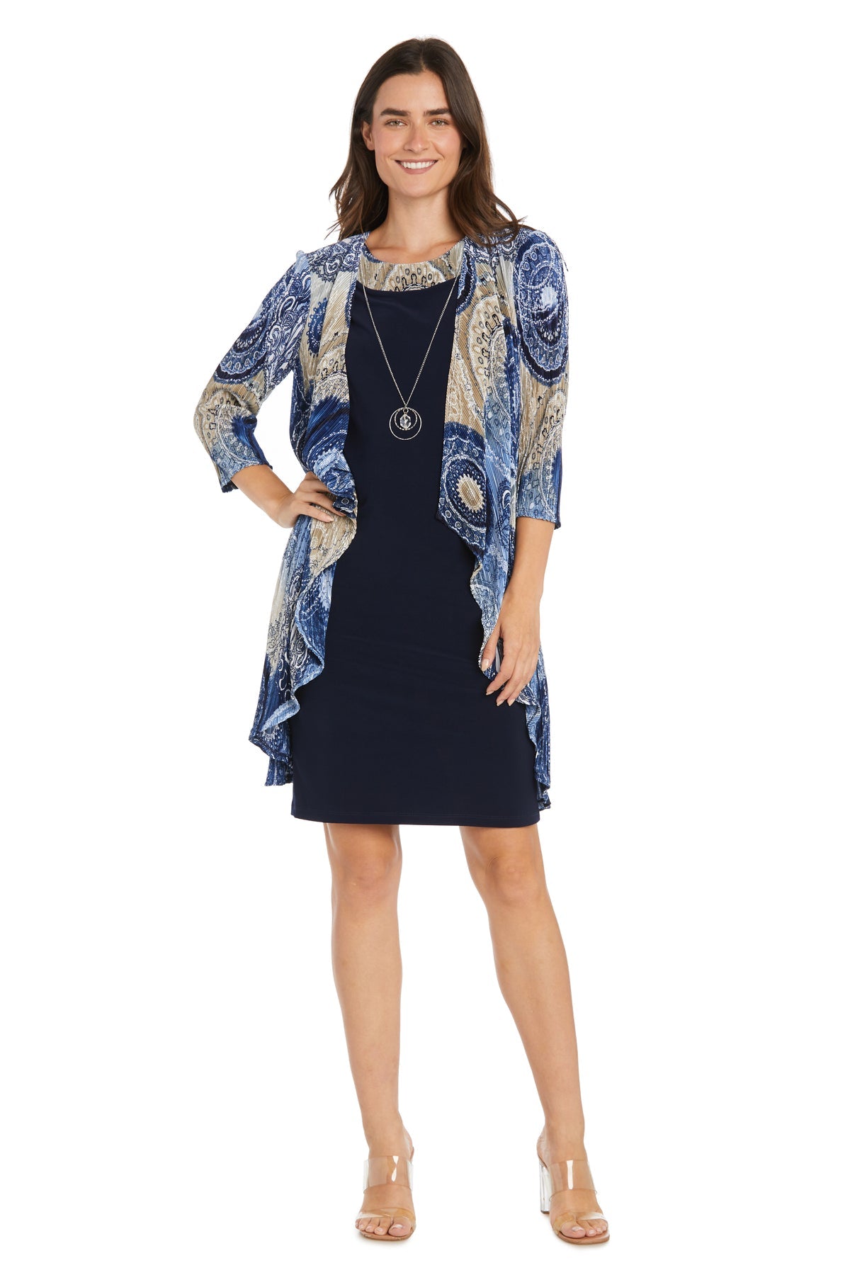 Cocktail Dresses Short Mother of the Bride Printed Jacket Dress Navy/Taupe