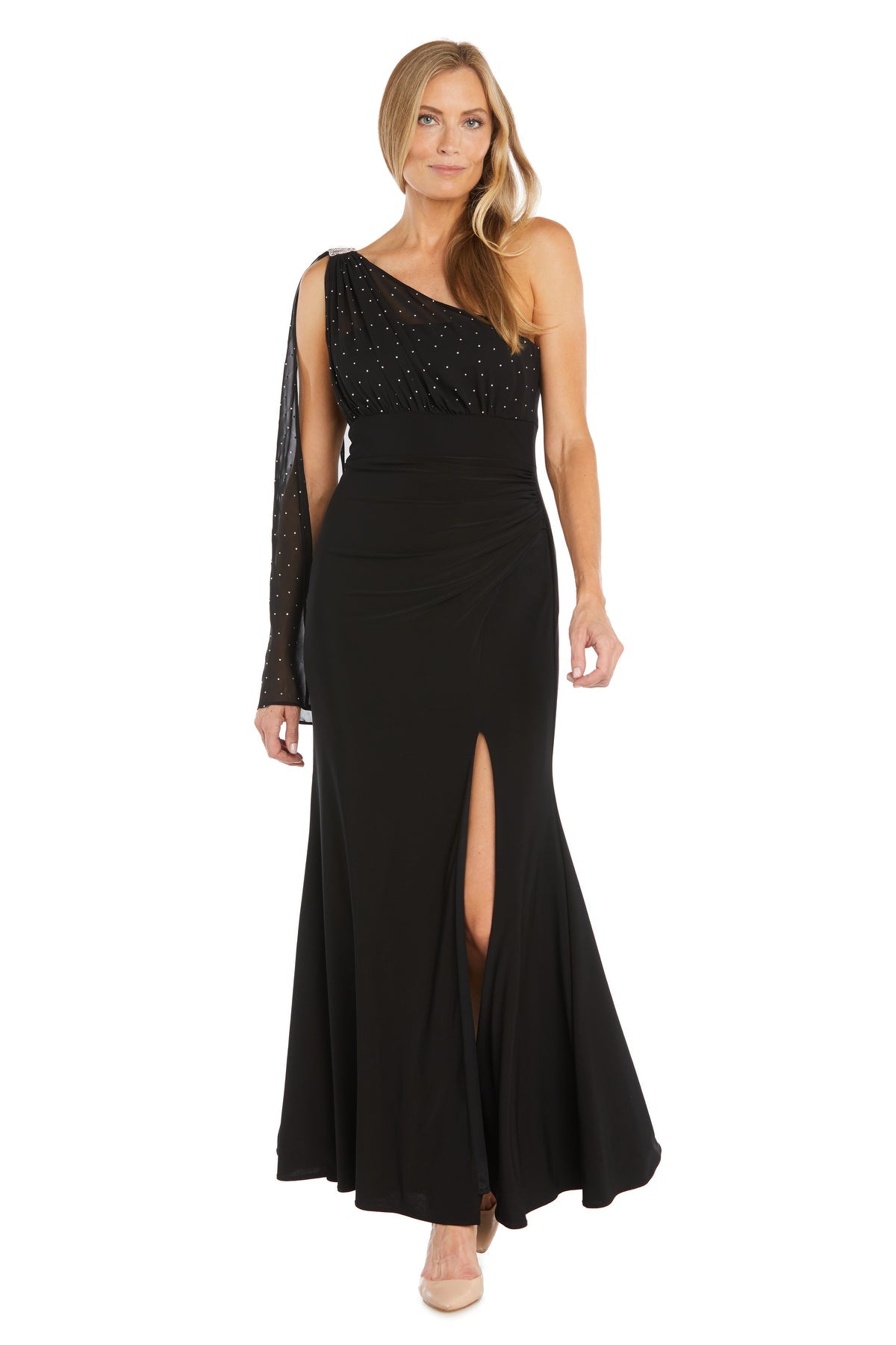 Black/Silver R&M Richards 3344 Long Fitted Formal Caplet Dress for $139