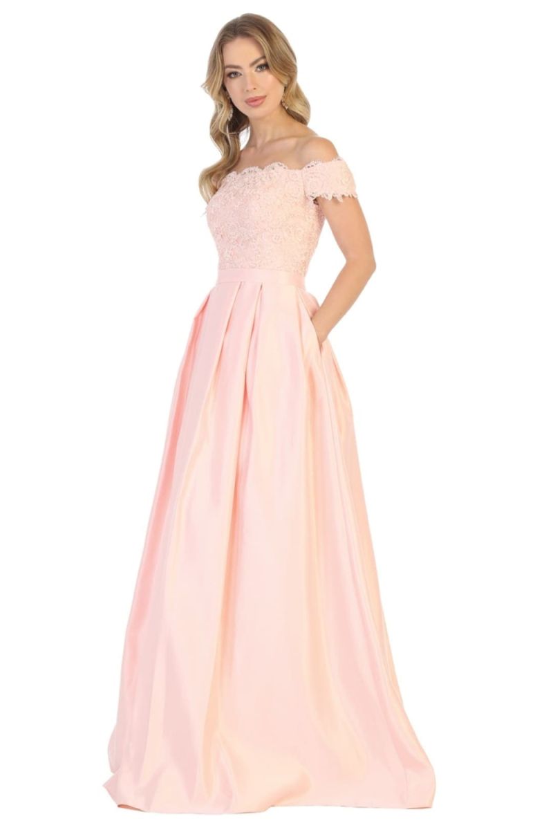 Blush Off-the-Shoulder Floor-Length Lace Satin Formal Dress Pockets May Queen MQ1762