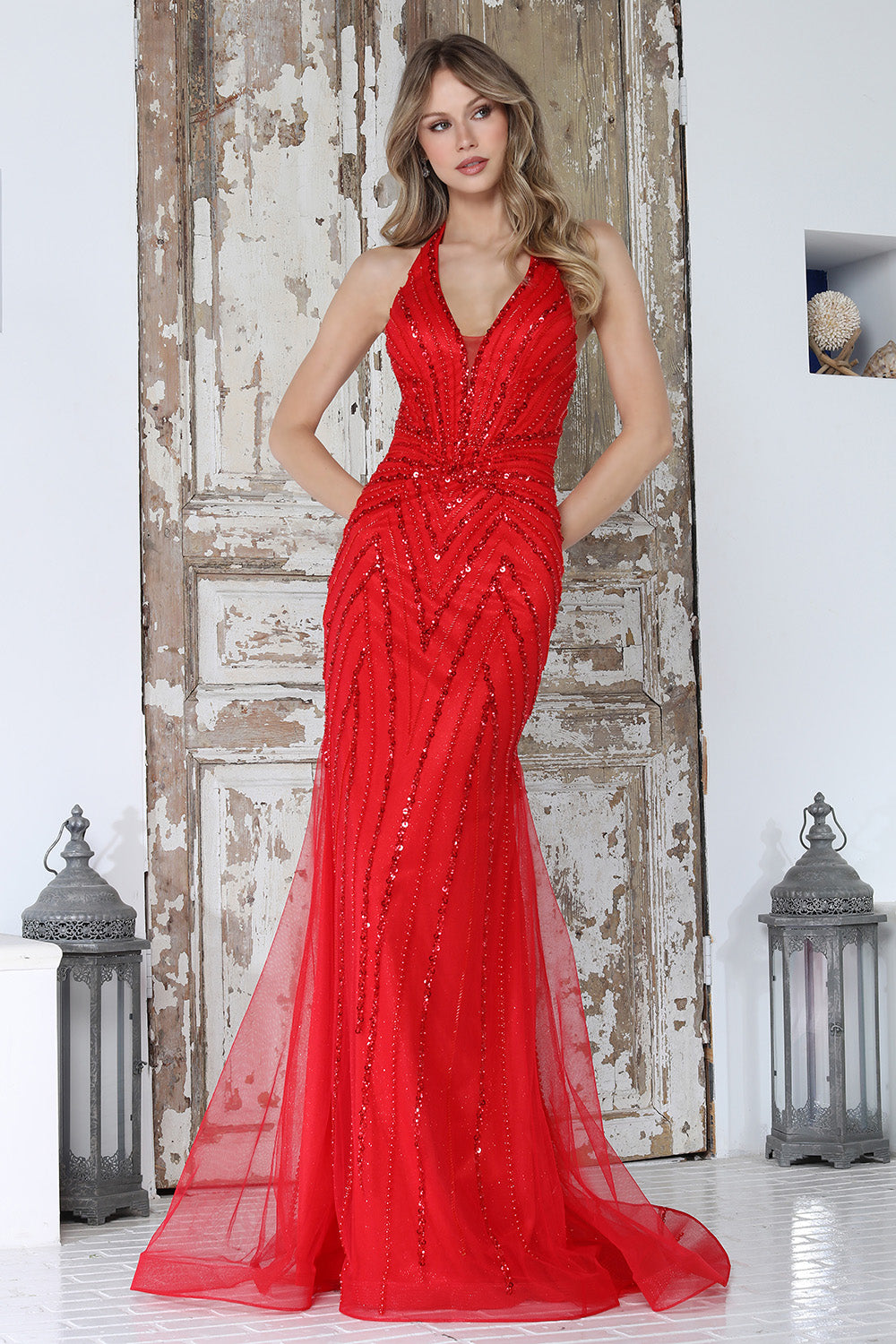 Prom Dresses Long Formal Beaded Sequin Fitted Prom Dress Adora Design 3350 Red