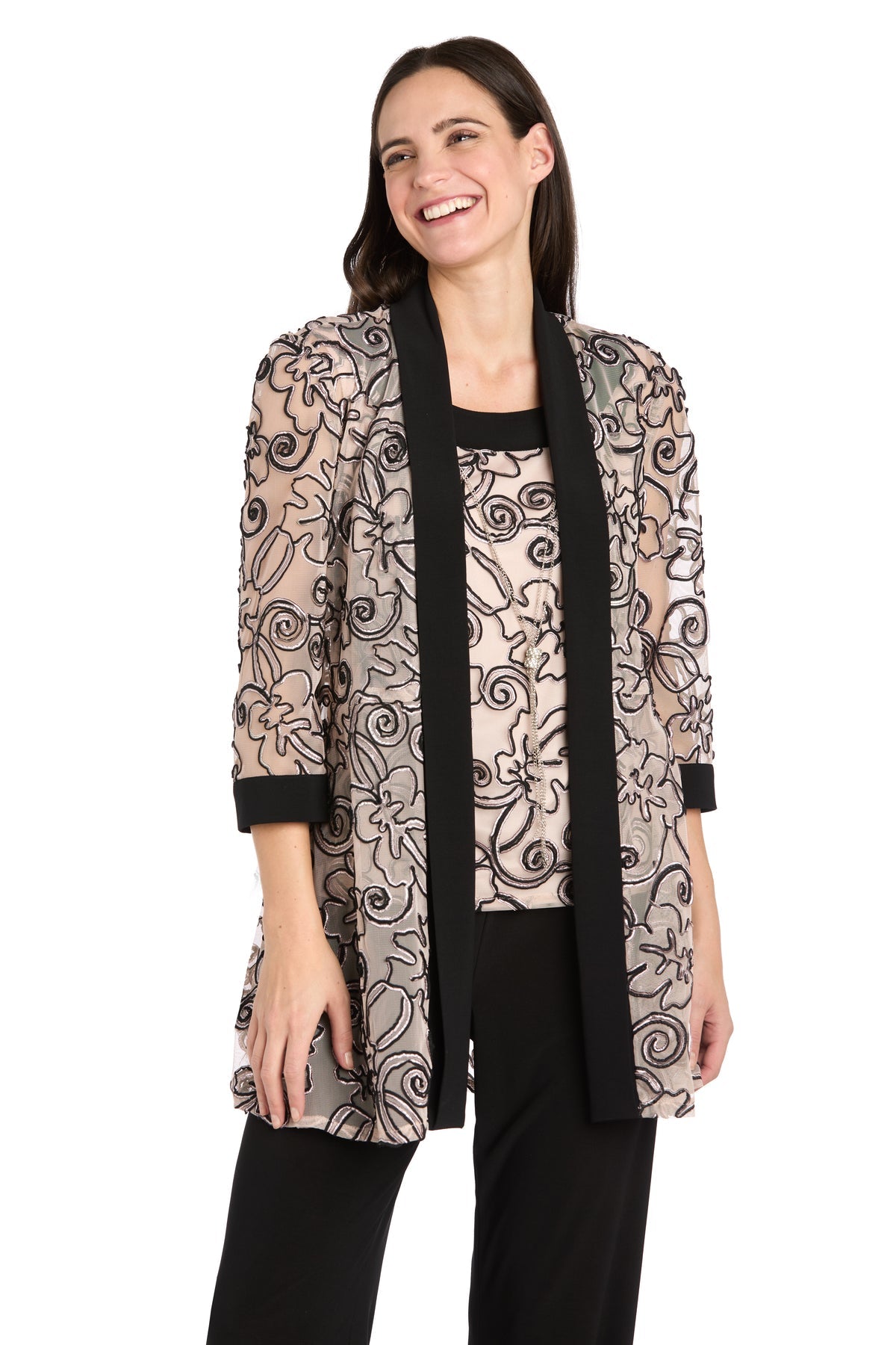 Pant Suit  Long Formal 3D Floral Jacket Pant Suit Black/Blush