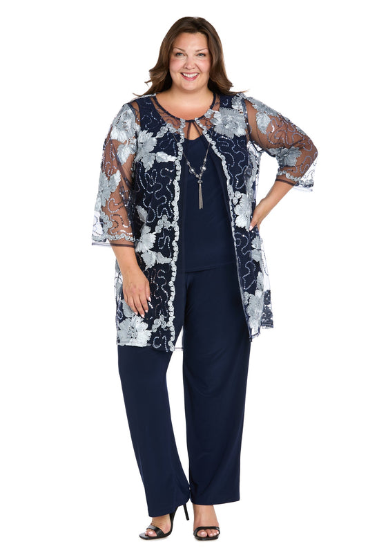 Pant Suit Floral Long Plus Size Formal Pantsuit Navy/Slate