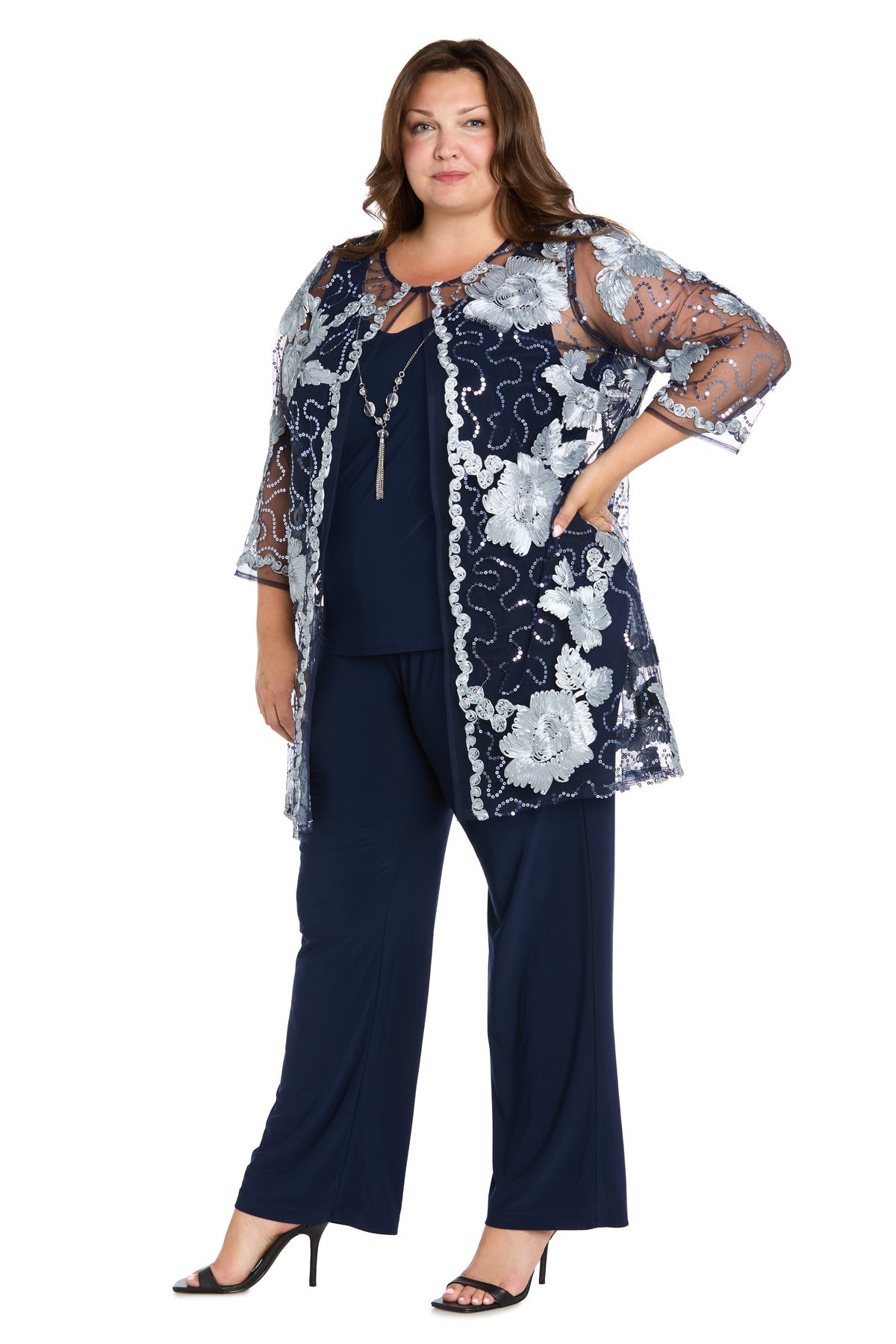 Pant Suit Floral Long Plus Size Formal Pantsuit Navy/Slate