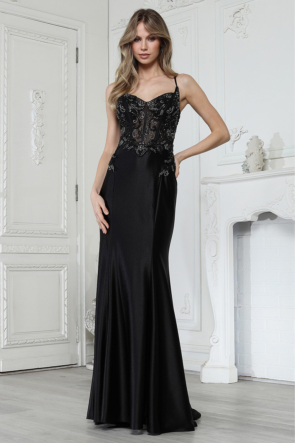 Prom Dresses Long Formal Fitted Beaded Prom Dress Adora Design 3358 Black