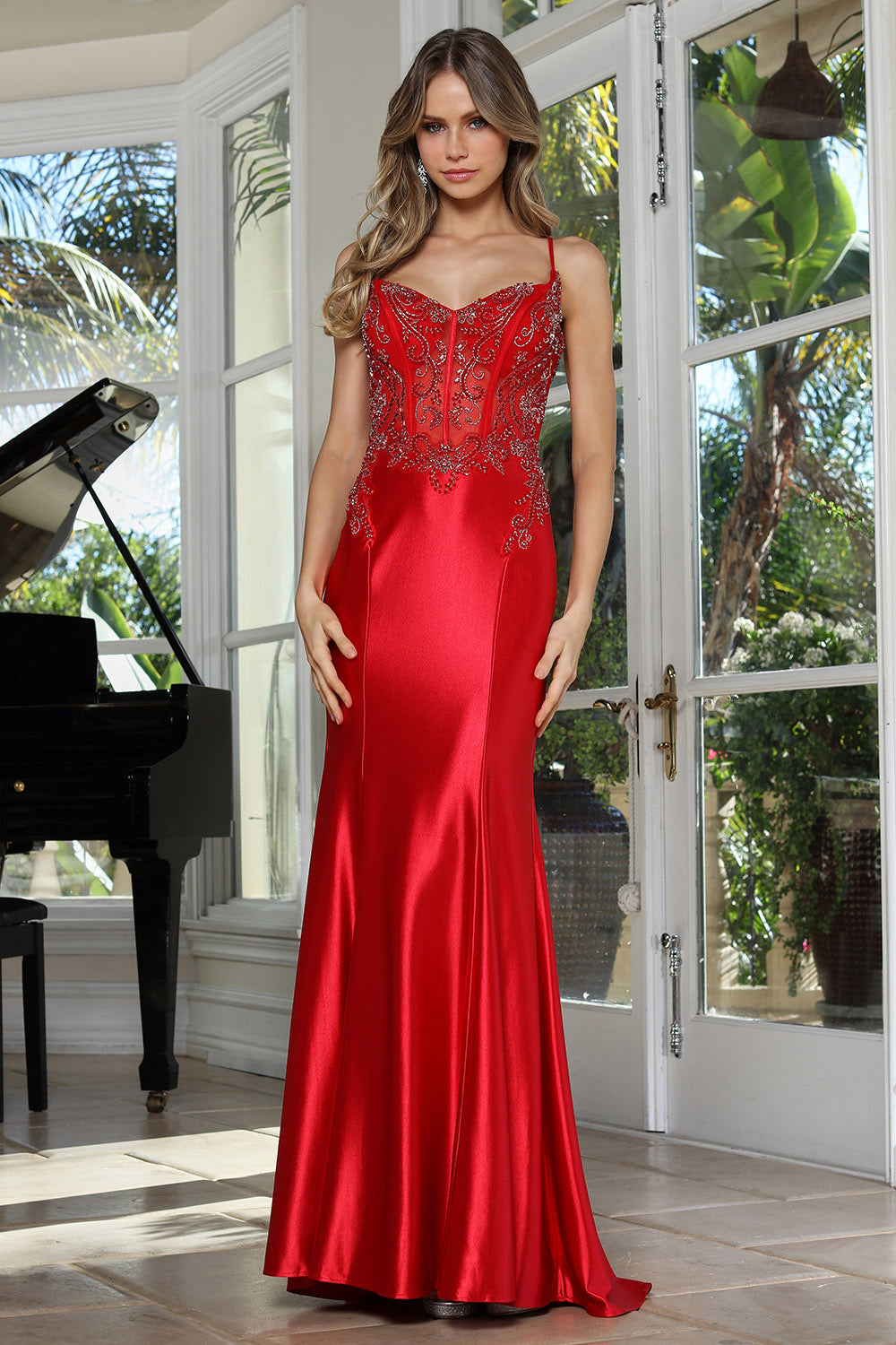 Prom Dresses Long Formal Fitted Beaded Prom Dress Adora Design 3358 Red