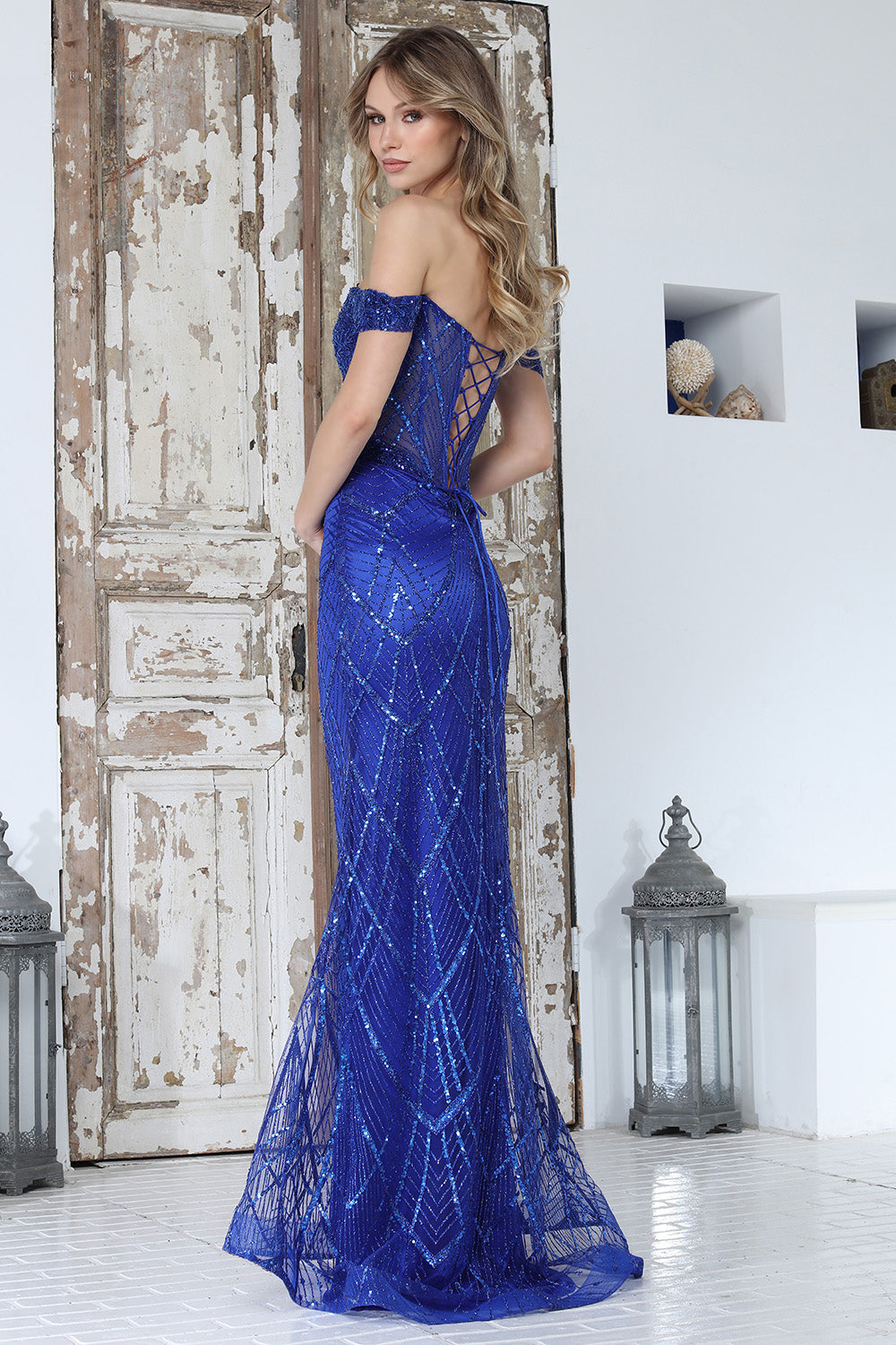 Prom Dresses Long Formal Beaded Sequin Fitted Corset Glitter Prom Dress Adora Design 3359 Royal Blue