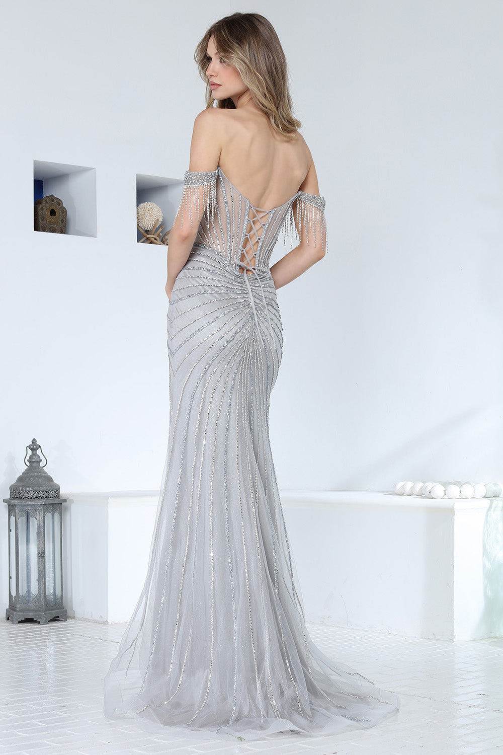 Prom Dresses Long Formal Sequin Fitted Beaded Slit Prom Dress Adora Design 3362 Icy Silver