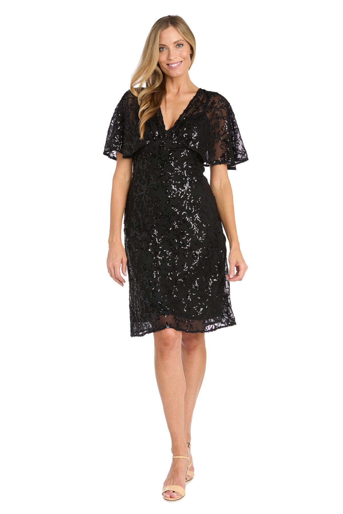V-Neck Short Sequin Cocktail Dress by R&M Richards 3365 in Black