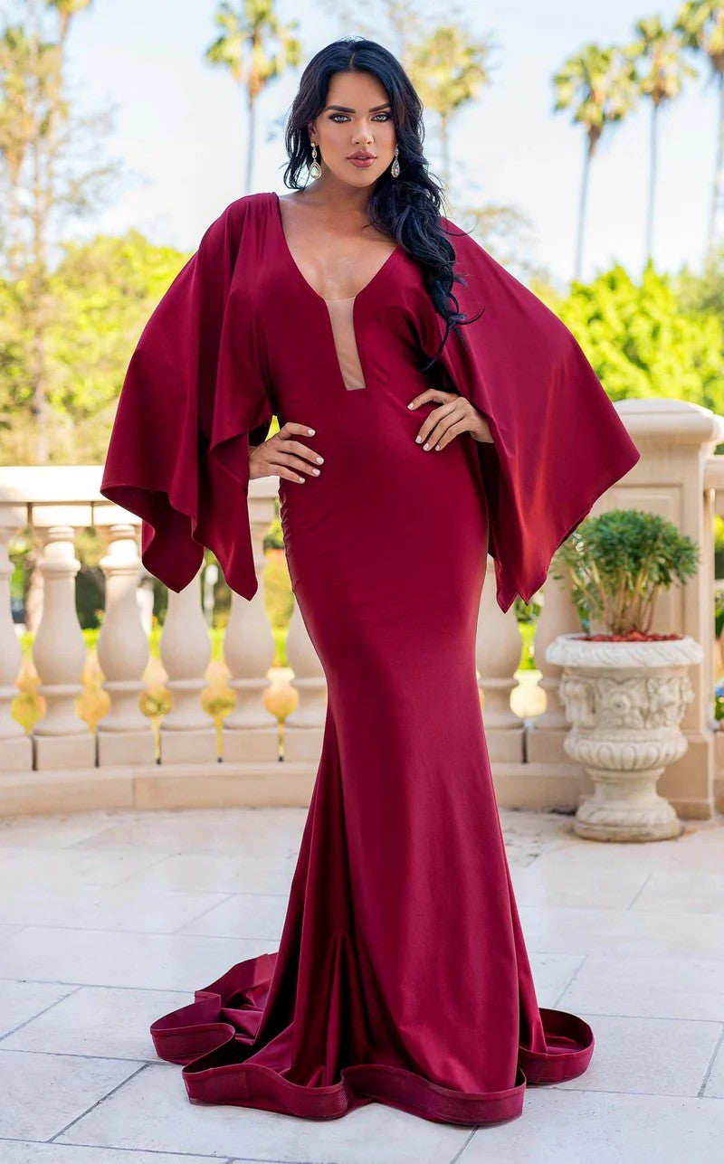 Jessica Angel 336 Long Mermaid Fit Formal Evening Cape Dress