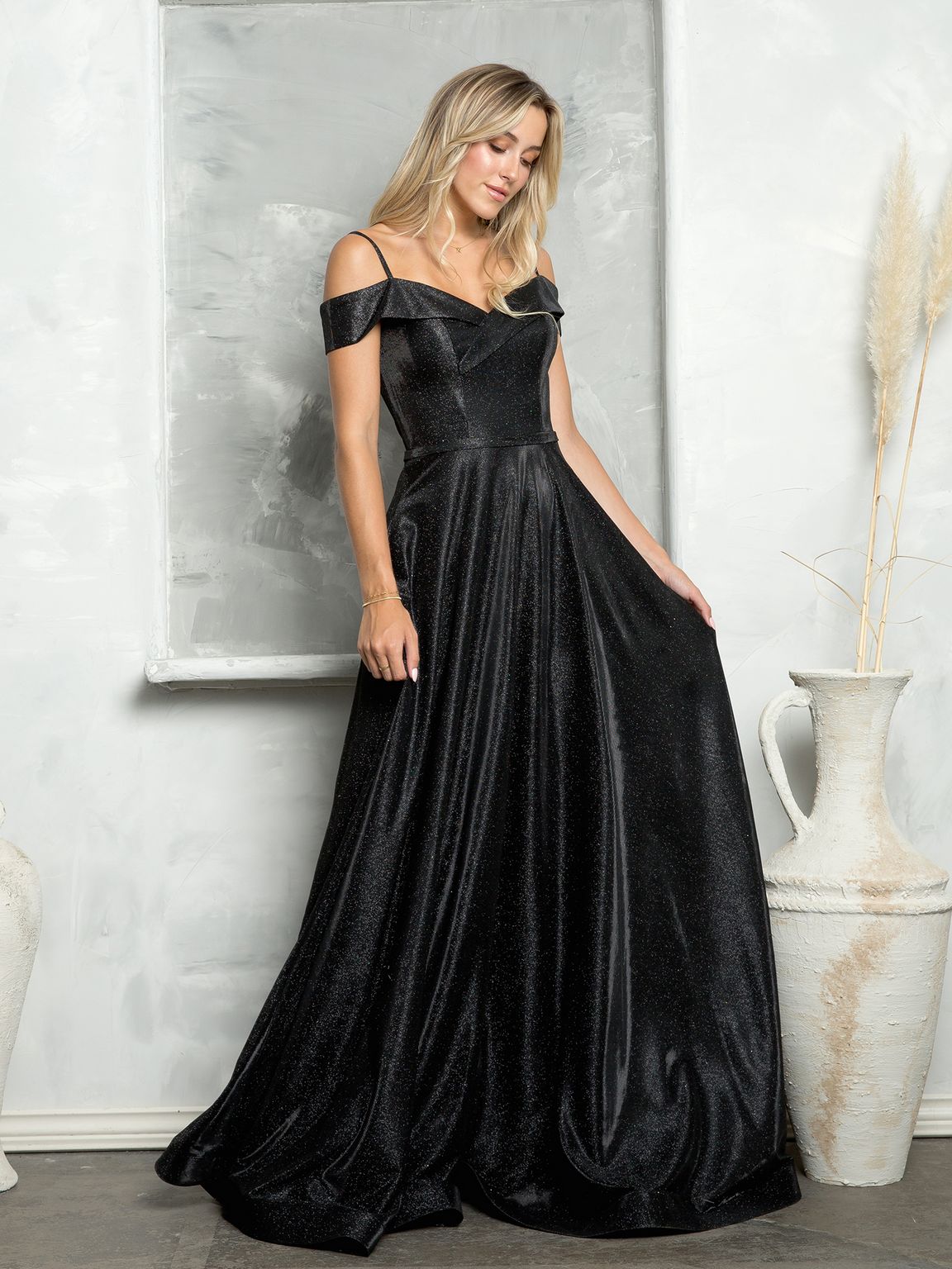 Long Formal Off Shoulder Glitter Ball Gown - Silver / XL Long Formal Off Shoulder Glitter Ball Gown - Silver / XL