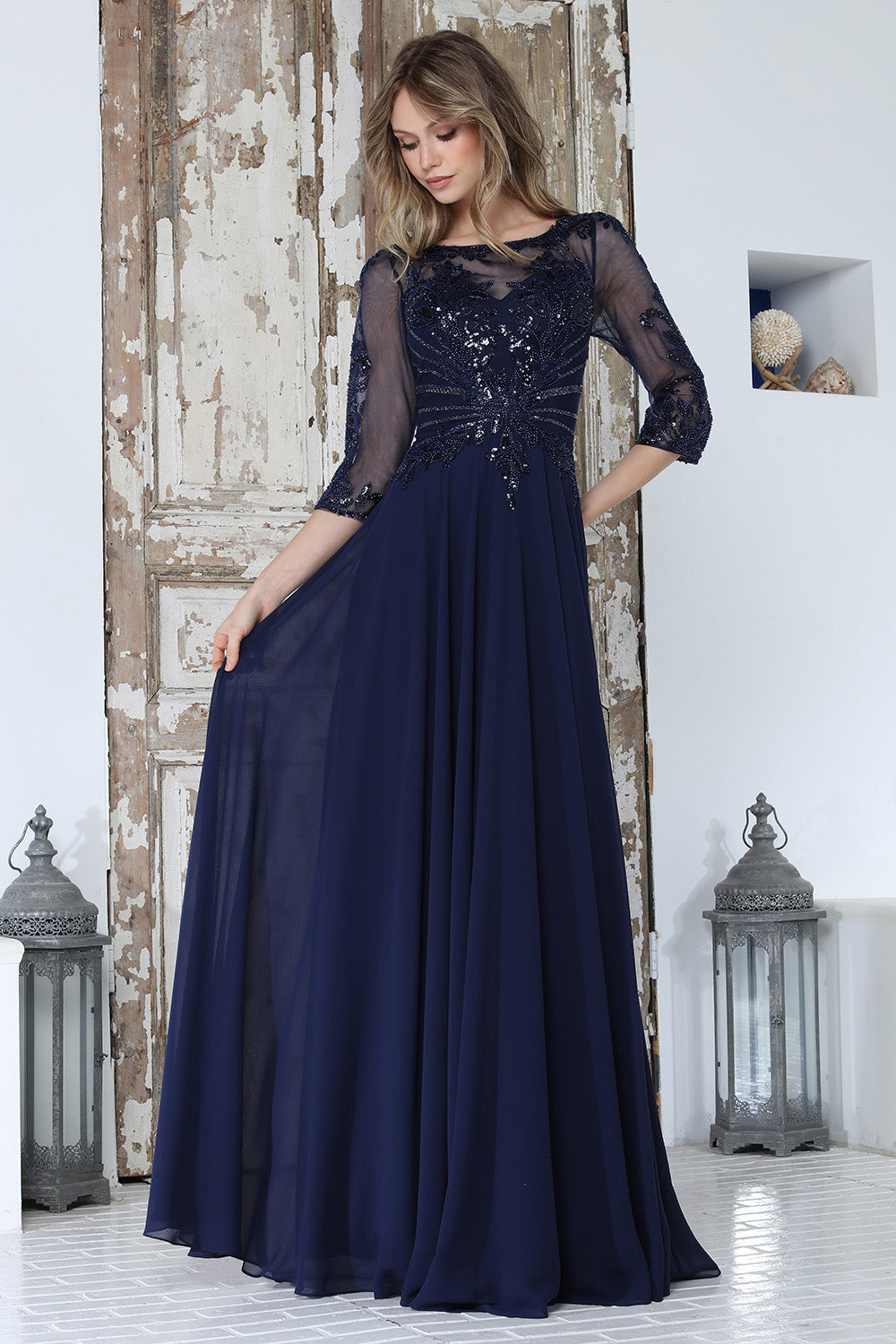 Mother of the Bride Dresses Long Formal Beaded Mother of the Bride Dress Adora Design 3382 Navy