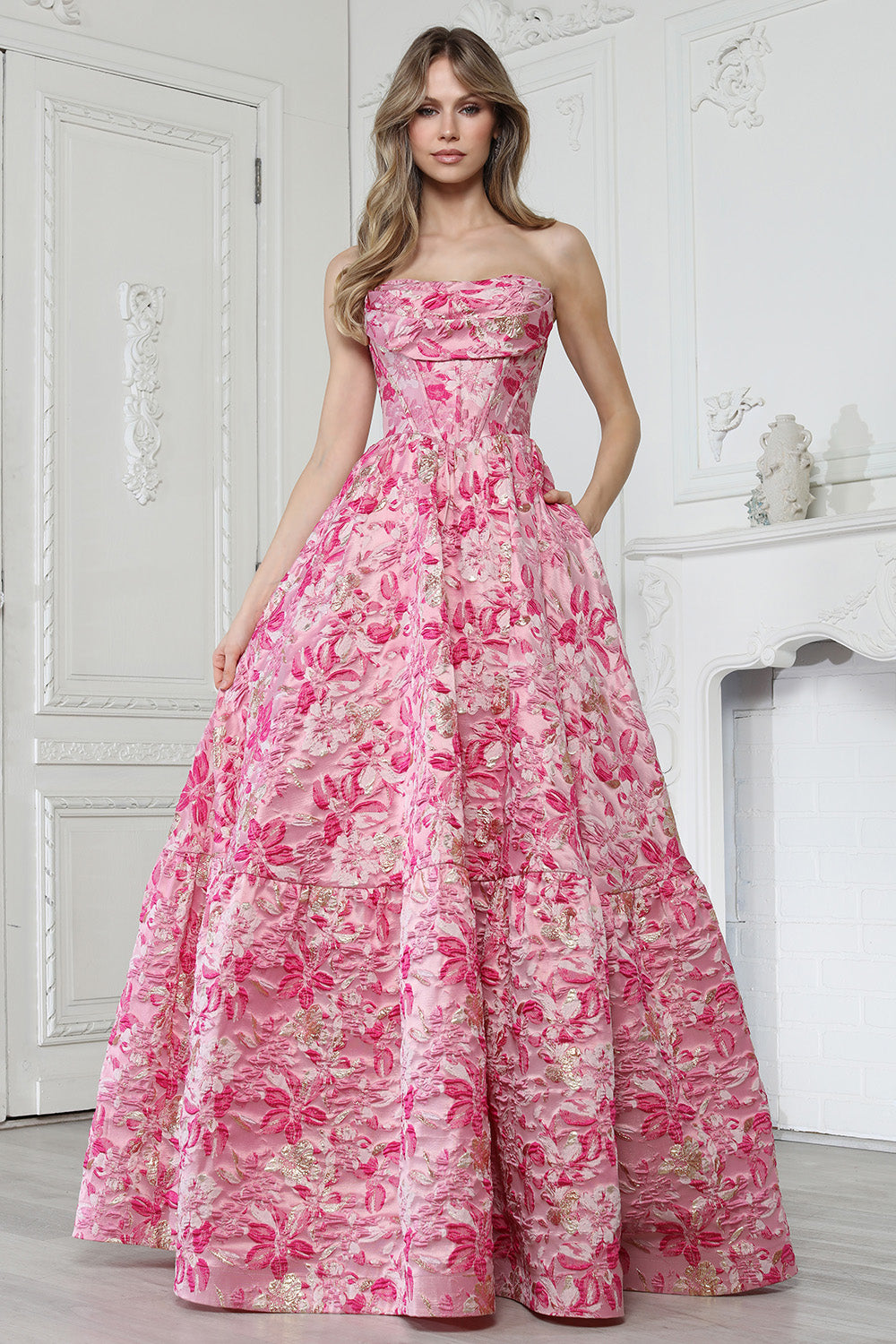 Prom Dresses Long Formal Ruffle Ball Gown Floral Print Prom Dress Adora Design 3384 Pink Multi