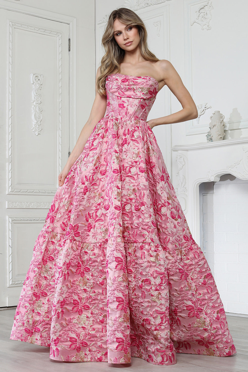 Prom Dresses Long Formal Ruffle Ball Gown Floral Print Prom Dress Adora Design 3384 Pink Multi