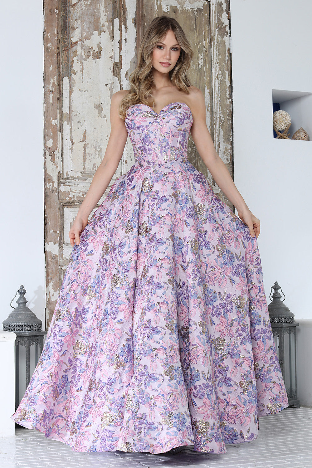 Long Formal Floral Print Ball Gown Prom Dress Adora Design 3385