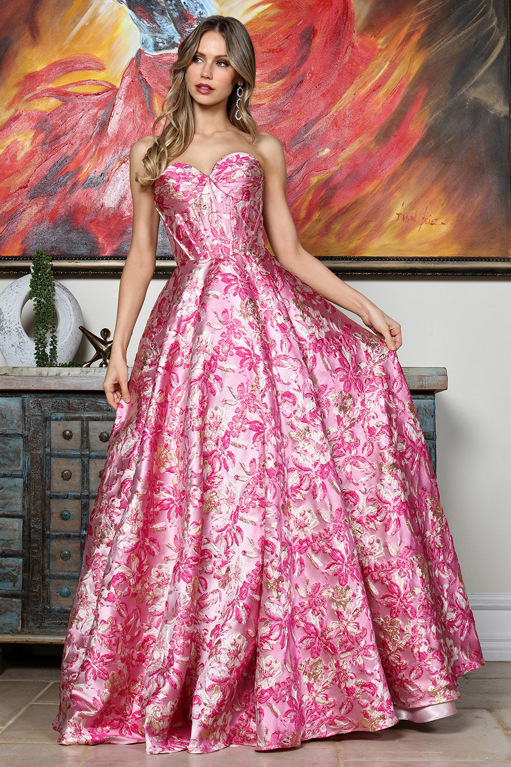Prom Dresses Long Formal Floral Print Ball Gown Prom Dress Adora Design 3385 Pink Multi