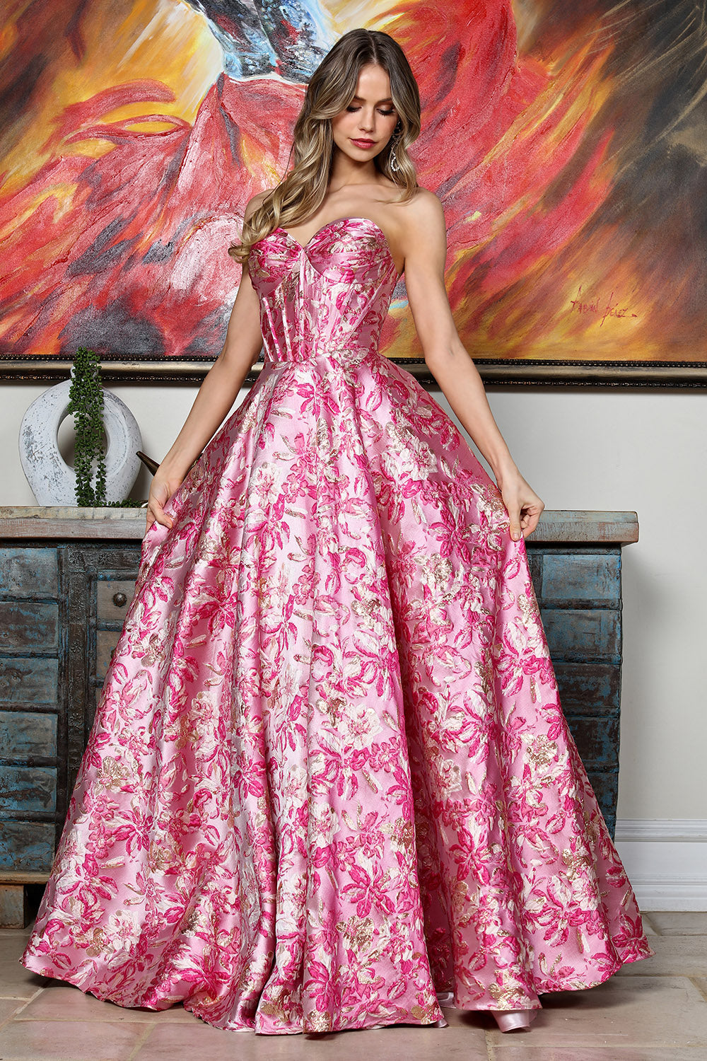 Prom Dresses Long Formal Floral Print Ball Gown Prom Dress Adora Design 3385 Pink Multi