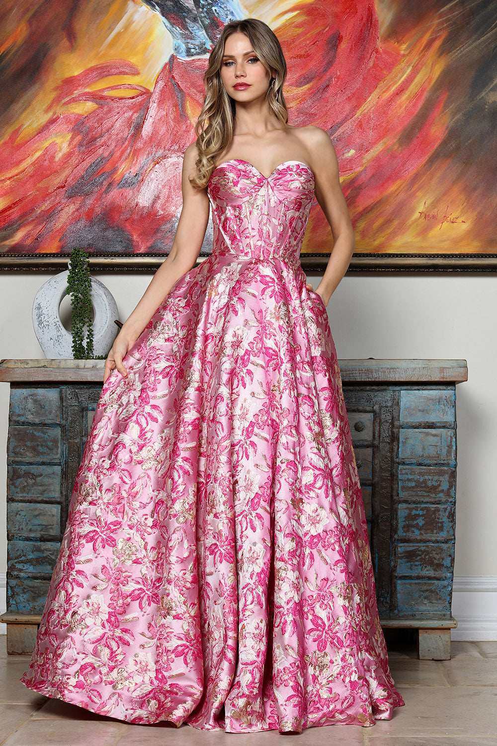 Prom Dresses Long Formal Floral Print Ball Gown Prom Dress Adora Design 3385 Pink Multi