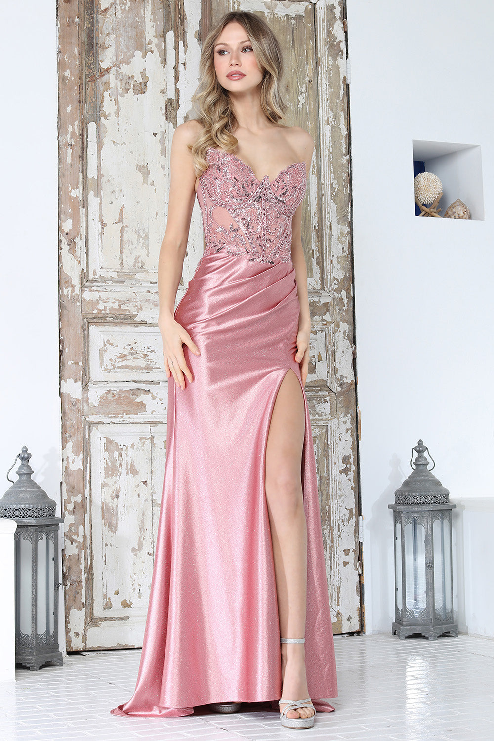 Prom Dresses Slit Fitted Long Formal Prom Dress Adora Design 3387 Rose