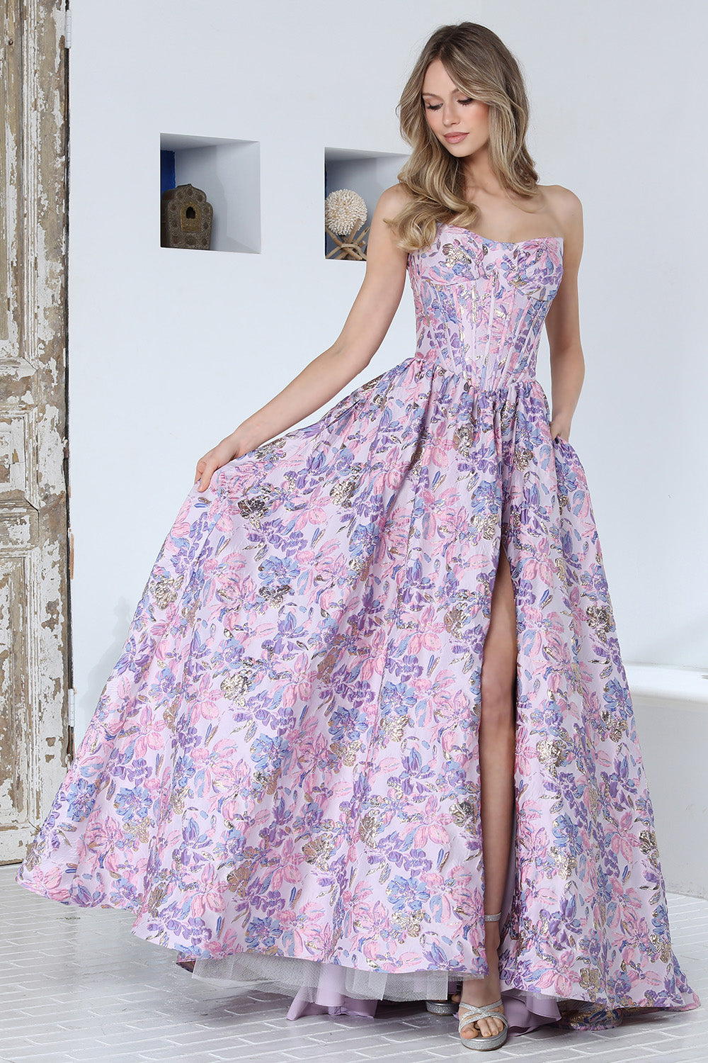 Prom Dresses Long Formal Corset Ball Gown Floral Print Prom Dress Adora Design 3389 Lilac Multi