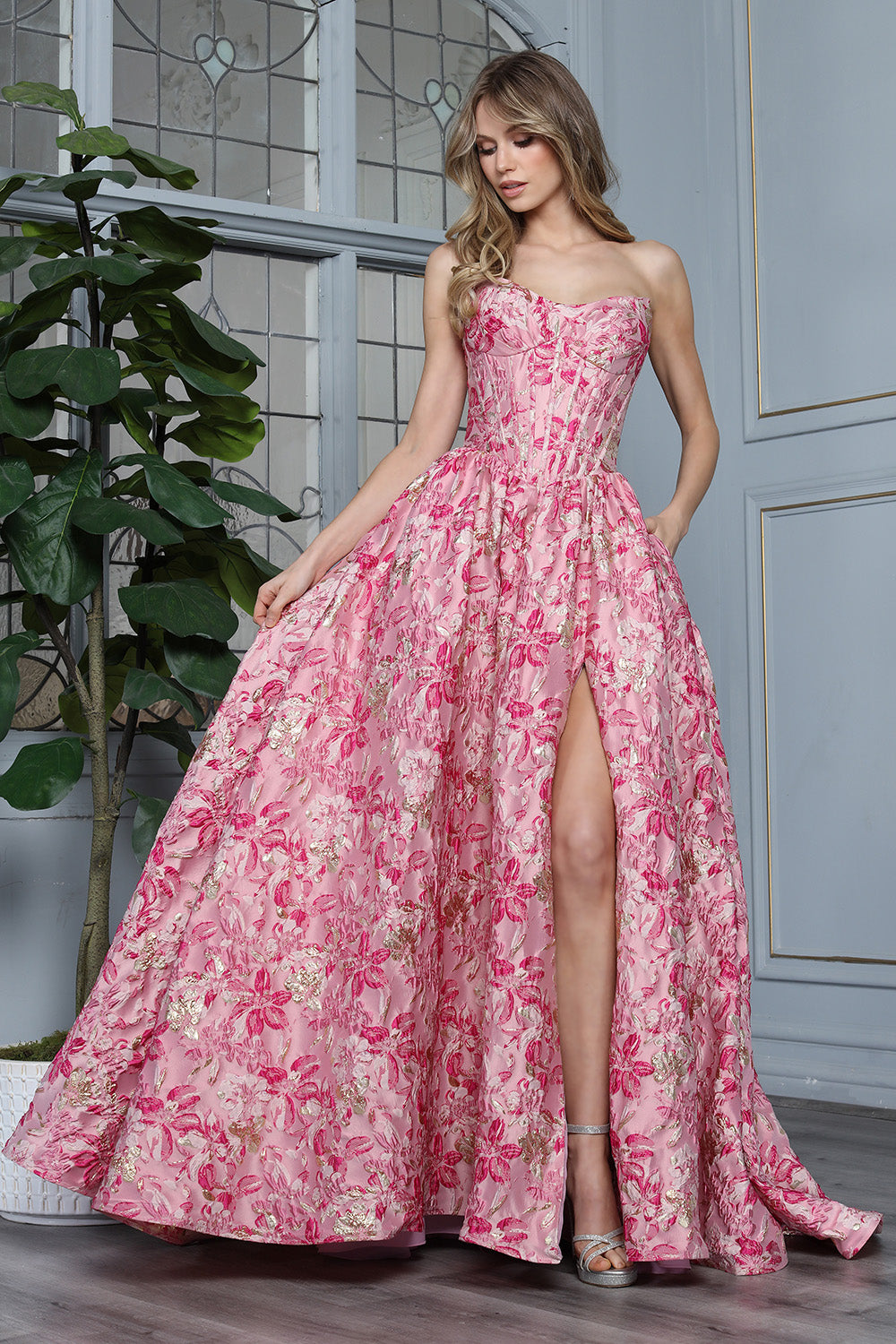 Prom Dresses Long Formal Corset Ball Gown Floral Print Prom Dress Adora Design 3389 Pink Multi
