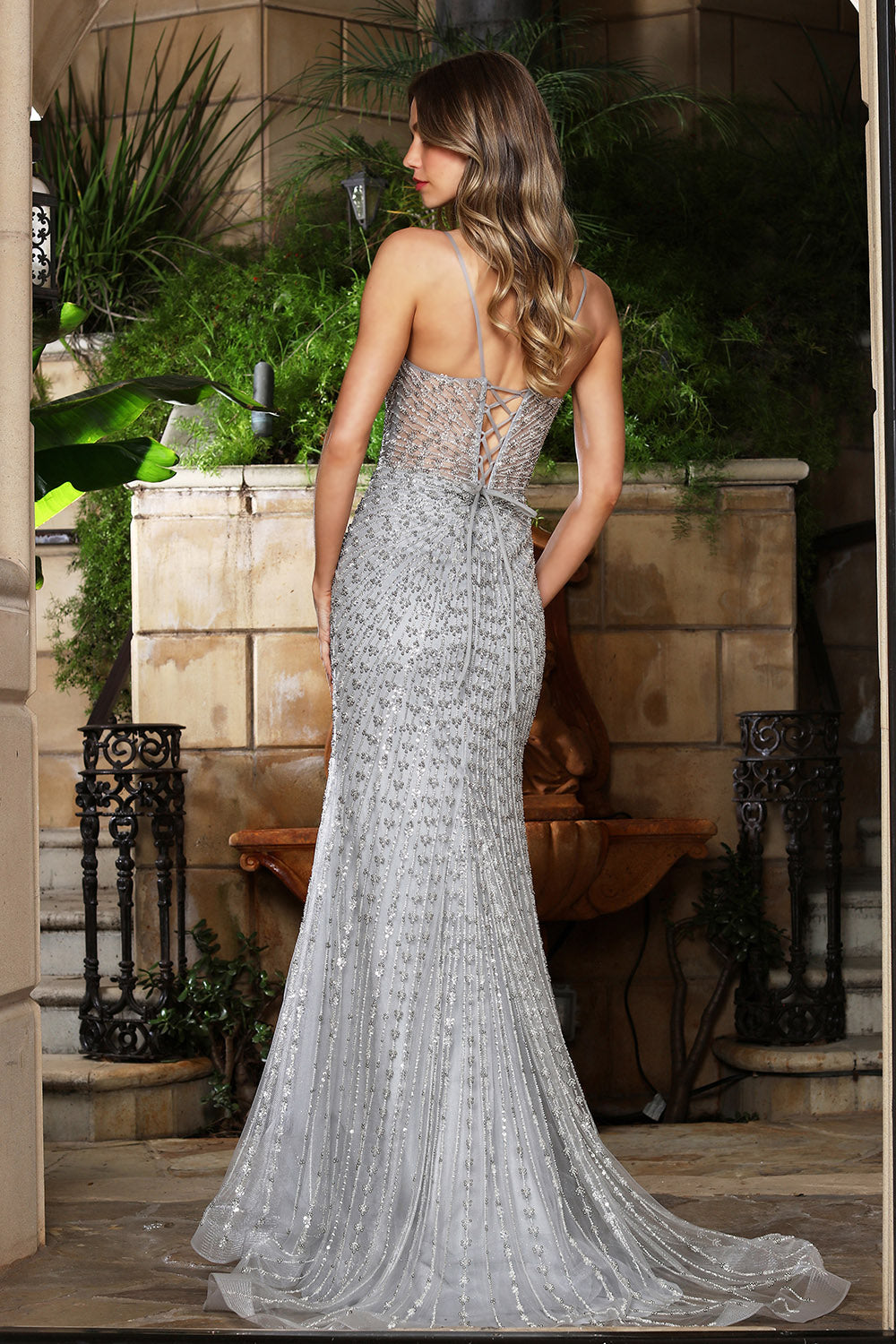 Prom Dresses Beaded Fitted Formal Long Prom Dress Adora Design 3393 Icy Silver