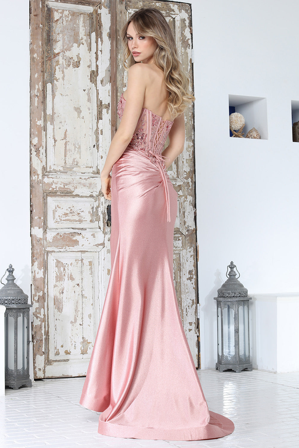 Prom Dresses Long Formal Beaded Corset Slit Prom Dress Adora Design 3394 Rose