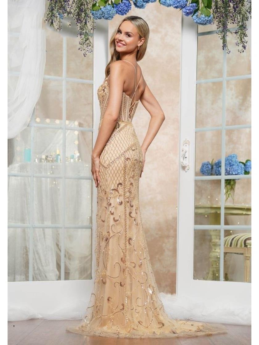 Prom Dresses Fitted Beaded Long Formal Prom Dress Gold