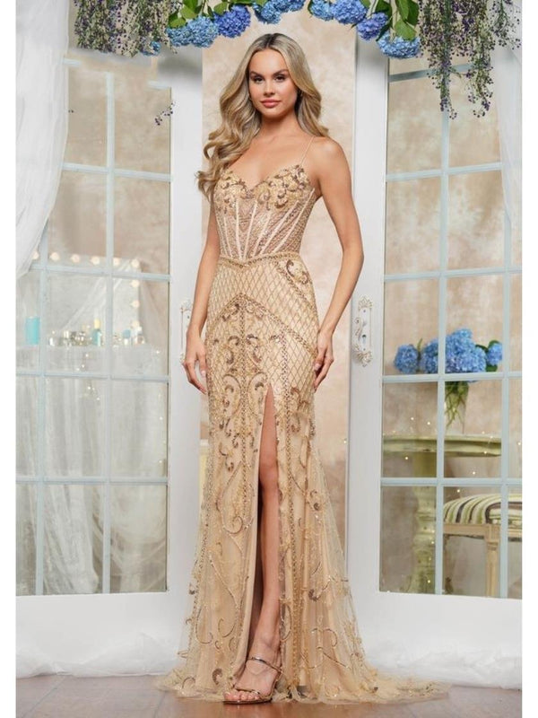 Colors 3395 Fitted Beaded Long Formal Prom Dress