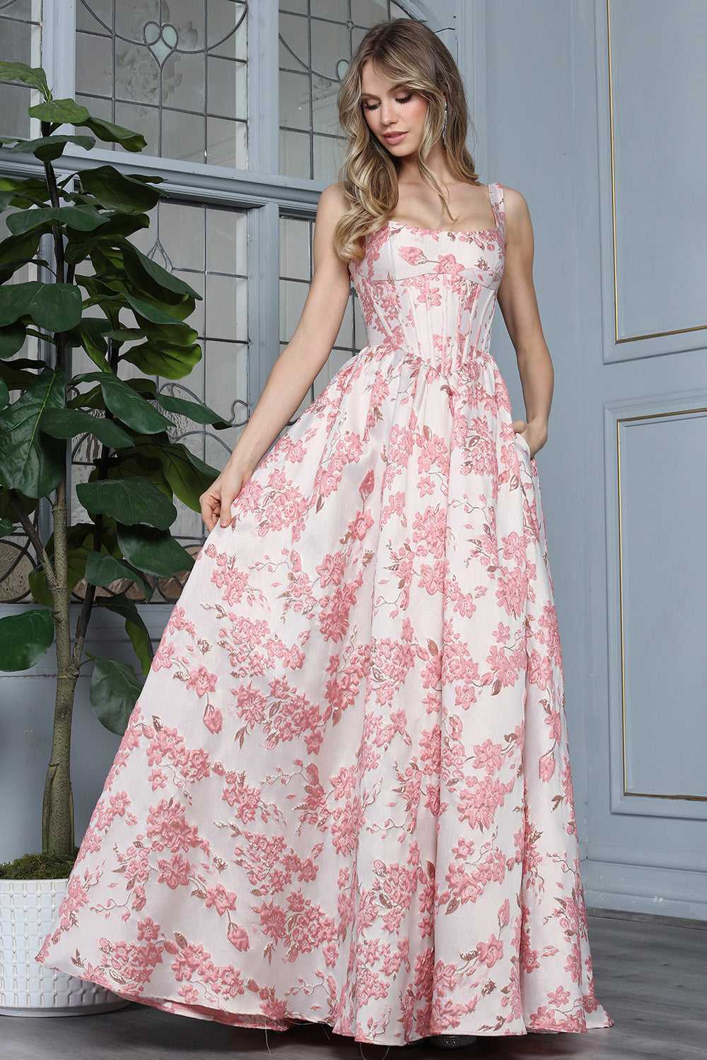 Prom Dresses Long Formal Floral Print Corset A Line Prom Dress Adora Design 3396 Rose Multi