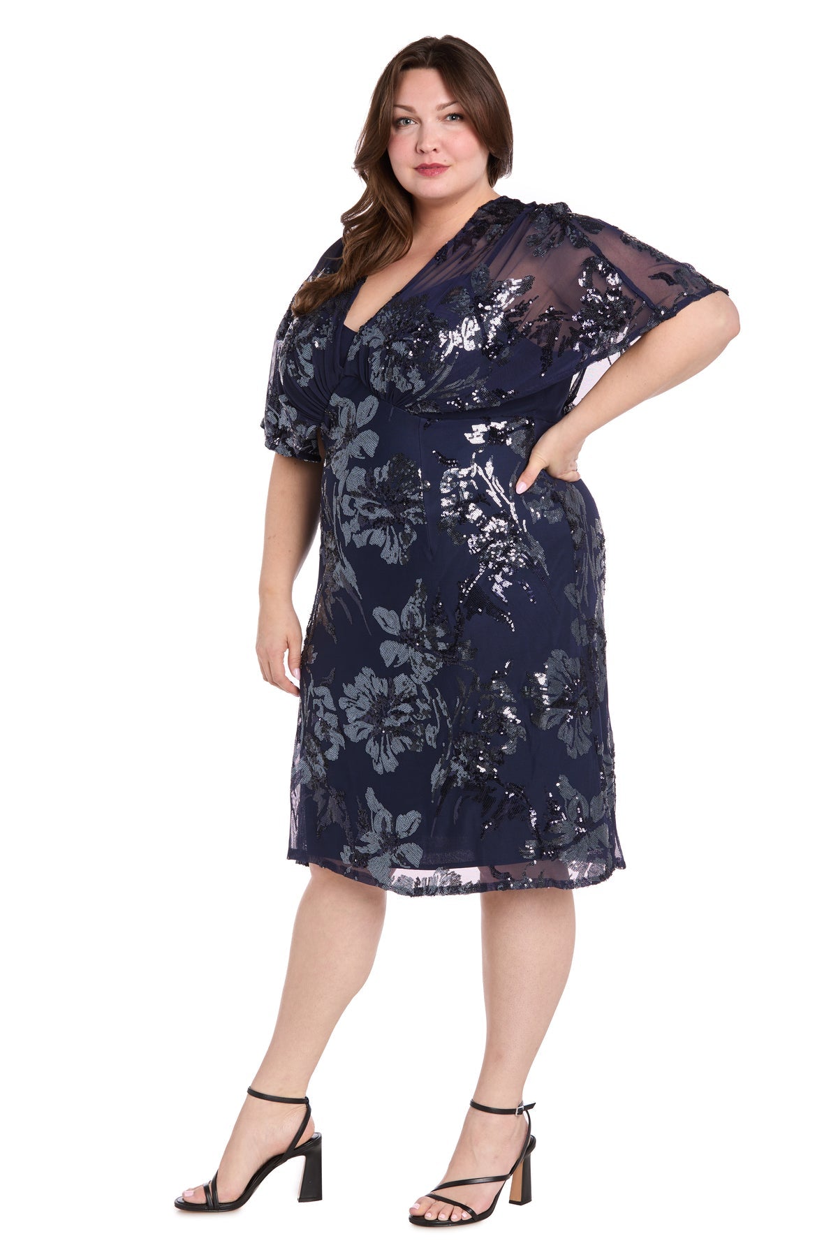 R&M Richards 3398W Plus Size Short Sequin Floral Cocktail Dress