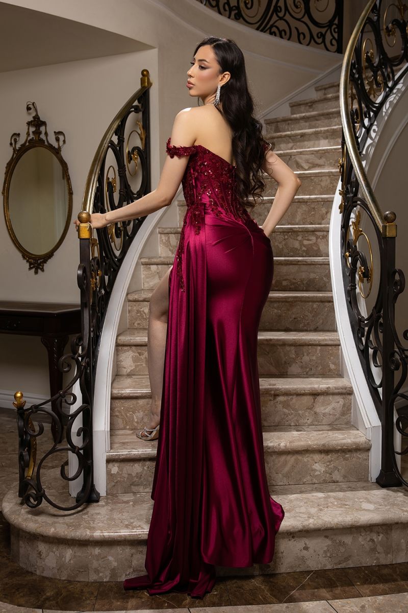Off-the-Shoulder Floor-Length Satin Prom Sheath/Column May Queen 2179