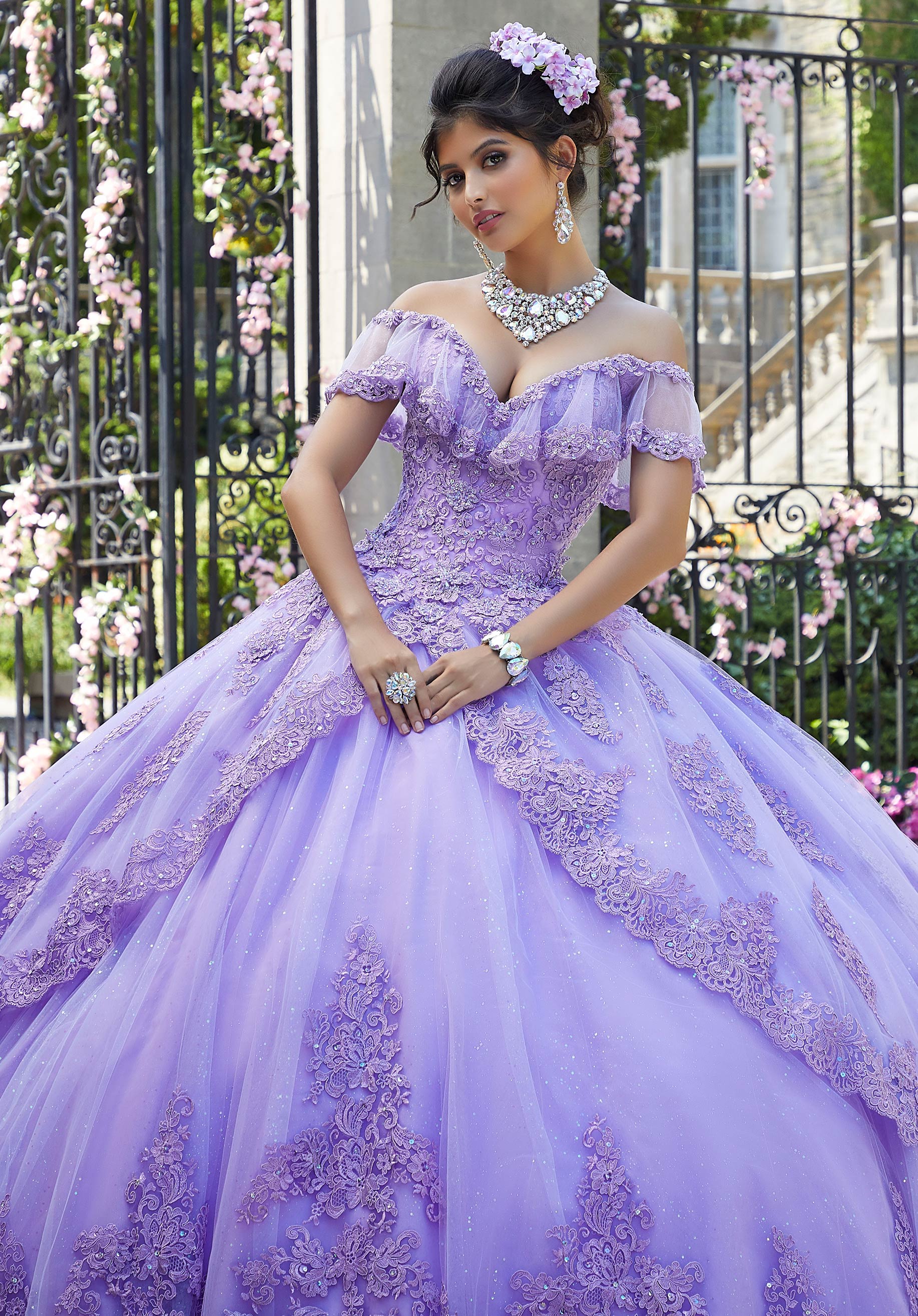 Off-the-Shoulder Floor-Length Tulle Quinceañera Ball Gown MGNY Madeline Gardner New York 34025