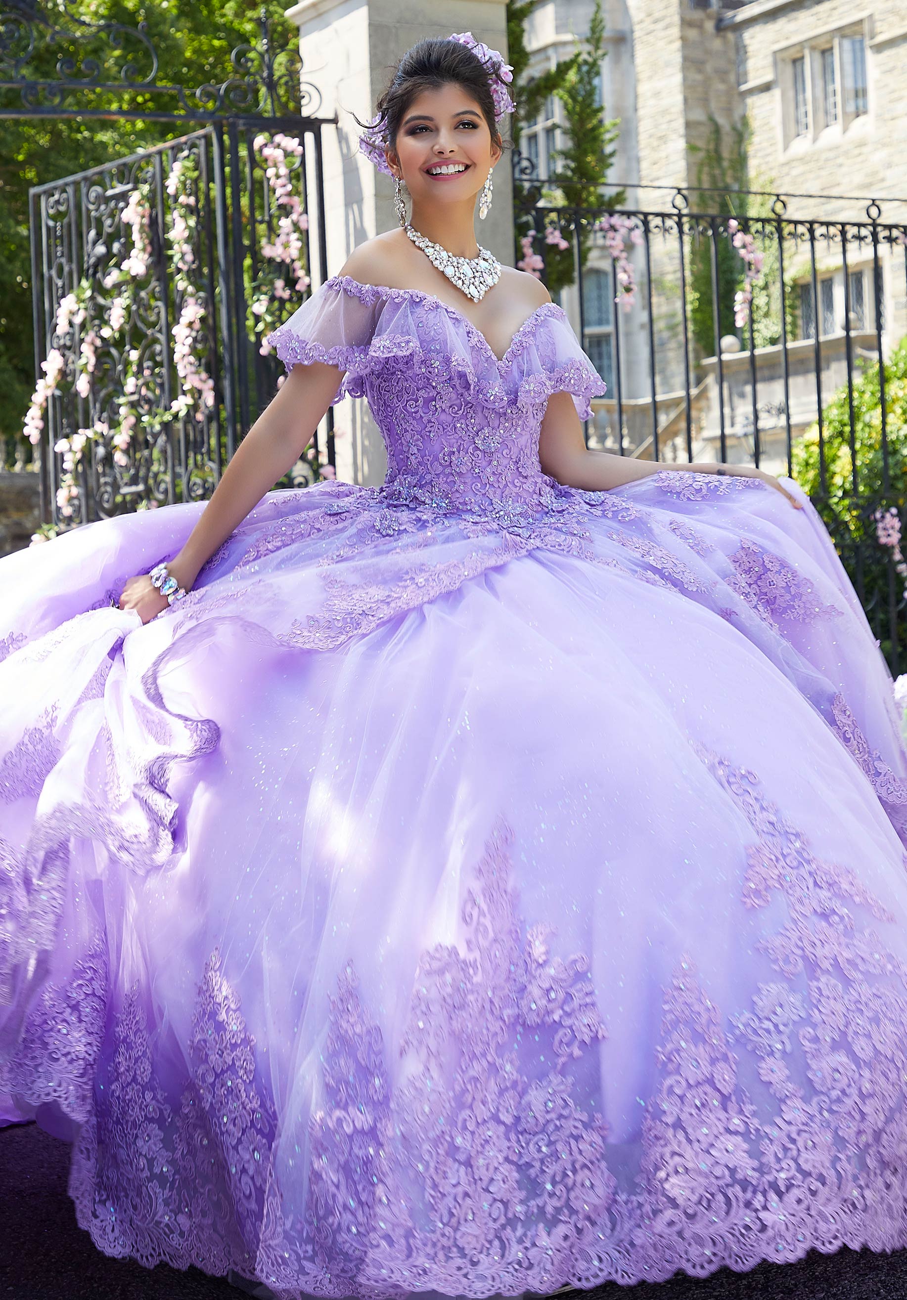 Off-the-Shoulder Floor-Length Tulle Quinceañera Ball Gown MGNY Madeline Gardner New York 34025