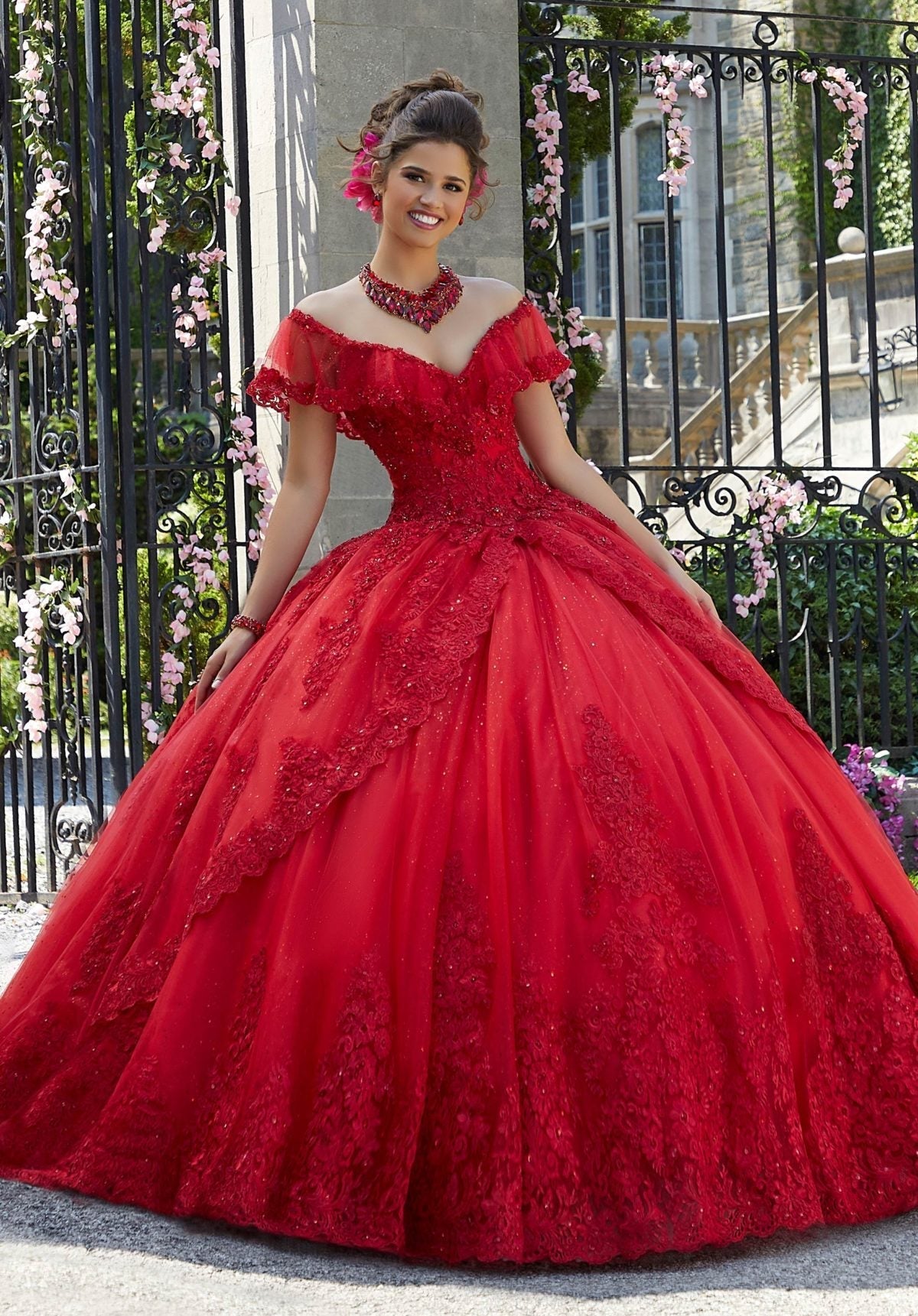 Off-the-Shoulder Floor-Length Tulle Quinceañera Ball Gown MGNY Madeline Gardner New York 34025